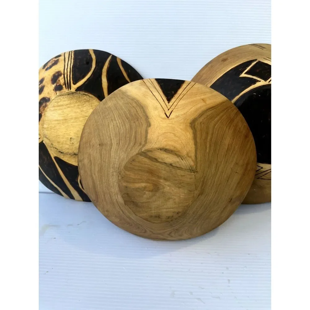 Wood Bowls Hand Carved/Painted/Incised 3 Bowls Each Different Rustic Boho